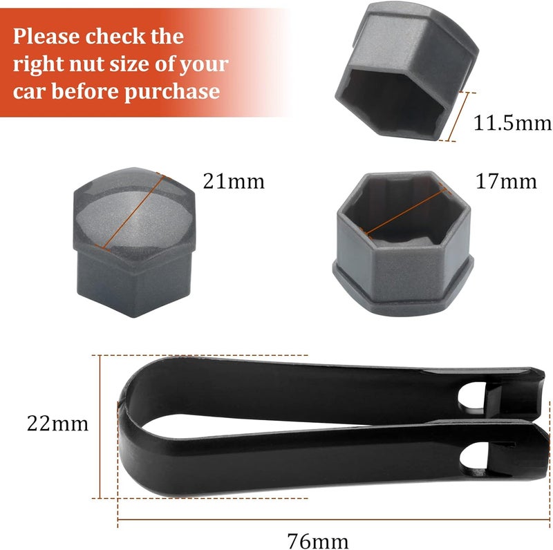 AOIT 20PCS Lug Nut Covers - 2/3’‘ Wheel Nut Bolt Cover Caps, 17mm Hexagonal Lug Caps with Removal Tool, Wheel Bolt Dust Caps Compatible with Audi, Auto Rims Nut Exterior Protection, Grey - Image 2
